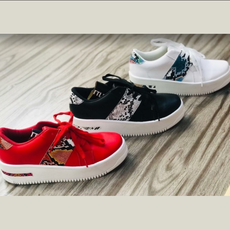 High Platform Red And Snake Pattern Sneakers For Women